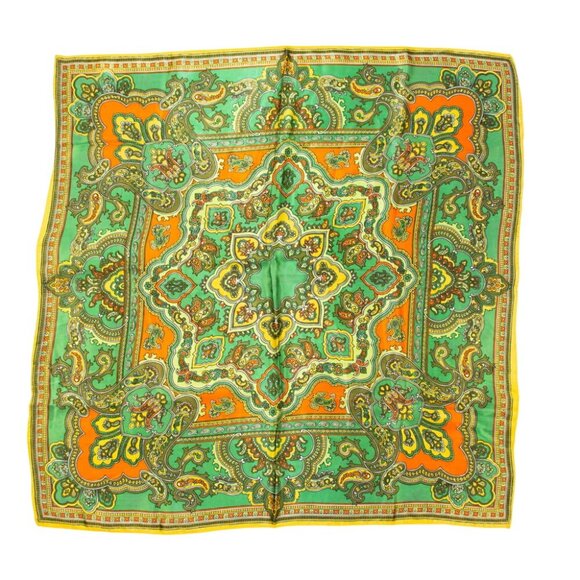 Vintage 70s Green Orange Paisley Print Tergal Fabric Square Scarf 29 Inches - Picture 1 of 1